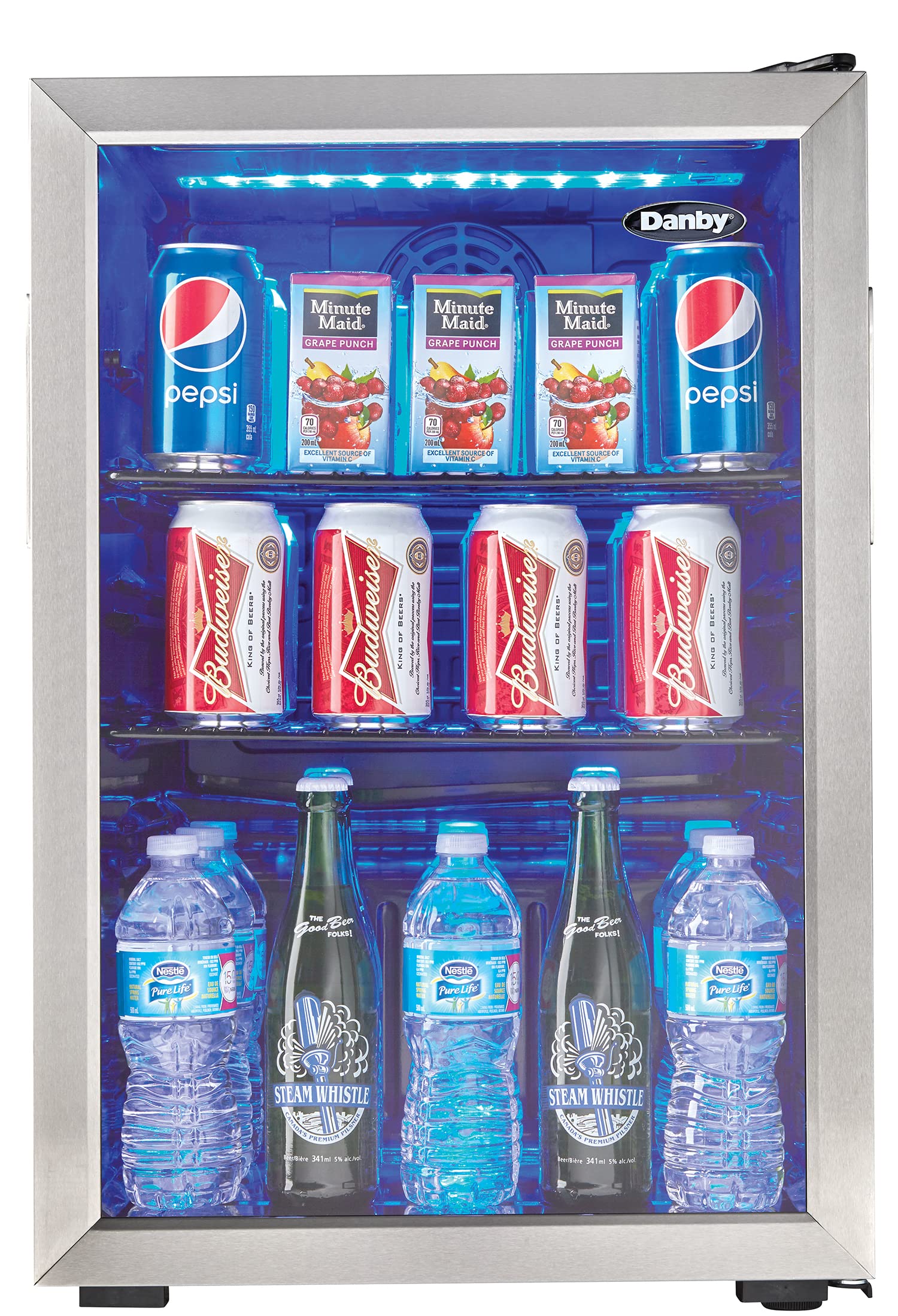 Danby 95 Can Beverage Center, 2.6 Cu.Ft Refrigerator for Basement, Dining, Living Room, Drink Cooler Perfect for Beer, Pop, Water, Black/Stainless-Steel