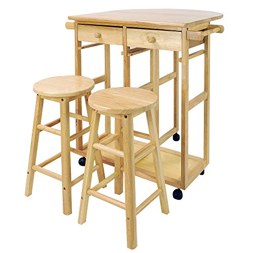 Casual Home Drop Leaf Breakfast Cart with 2 Stools-Natu...