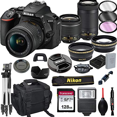 AV-Nikon Nikon D5600 DSLR Camera with 18-55mm VR and 70-300mm Lenses + 128GB Card, Tripod, Flash, and More (20pc Bundle)