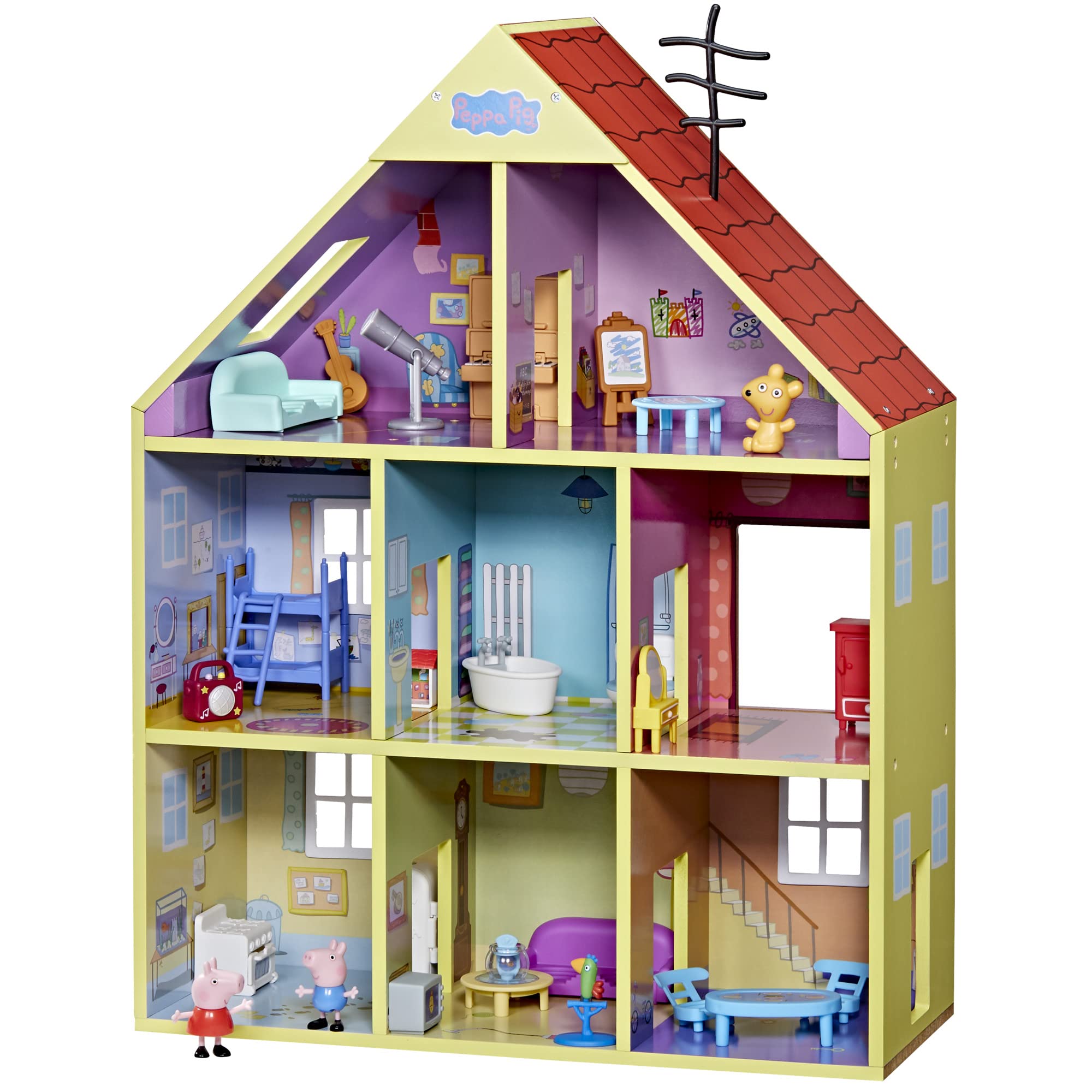 Peppa Pig Wooden Deluxe Playhouse, 8 Rooms, Includes 2 Fun Figures and 29 Accessories, Made of Responsibly Sourced Wood, for Ages 3 and Up (Amazon Exclusive)