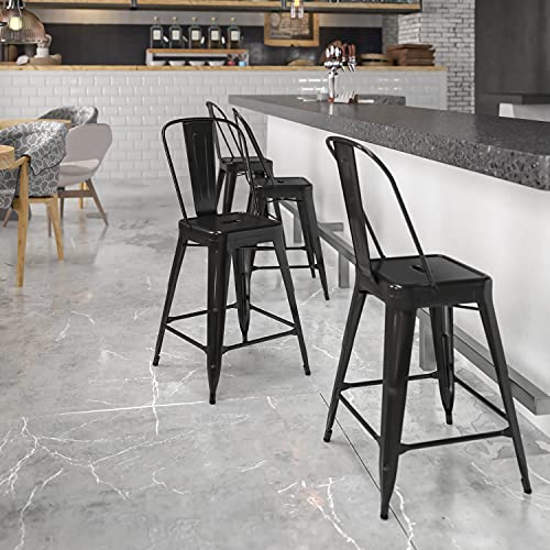 Flash Furniture Commercial Grade 4 Pack 24" High Black Metal Indoor-Outdoor Counter Height Stool with Removable Back