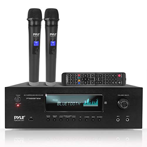 Pyle 1000W Bluetooth Home Theater Karaoke Receiver - 5.2-Ch Stereo Amplifier 2 UHF Wireless Microphone Video Pass-Through Supports, MP3/USB/HDMI/AM/FM Radio, Black