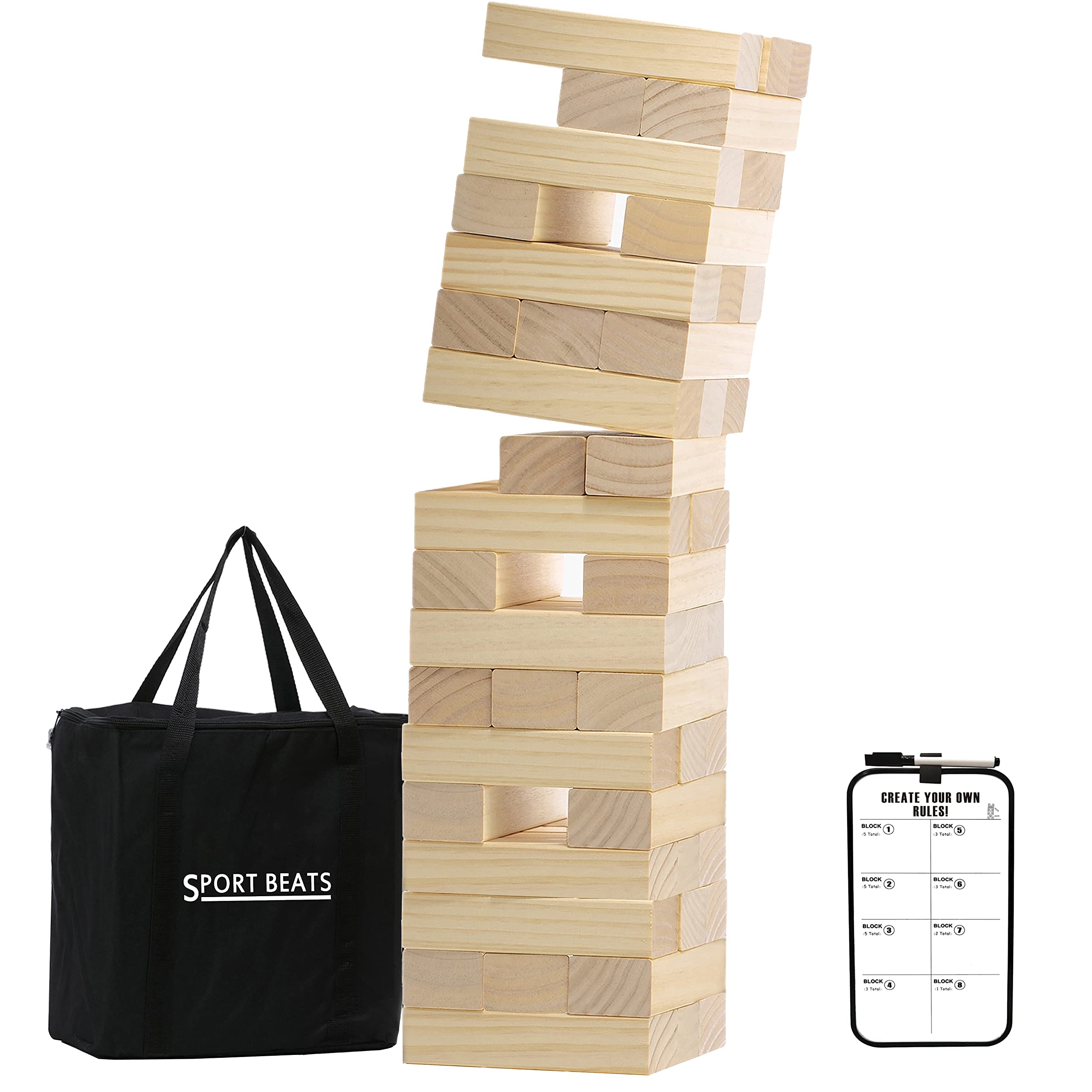 SPORT BEATS Large Tower Game Life Size Lawn Yard Outdoor Games for Adults and Family Wooden Stacking Games- Includes Rules and Carry Bag-54 Large Blocks