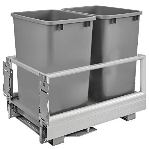 Rev-A-Shelf 5149-18DM-217 22 x 14.2 x 19.5 Inch Double 35 Quart Pull Out Kitchen Cabinet Waste Container Storage with Trash Can, Wire Basket, and Rev-A-Motion, Silver