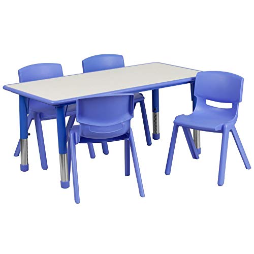 Flash Furniture 23.625''W x 47.25''L Rectangular Blue Plastic Height Adjustable Activity Table Set with 4 Chairs