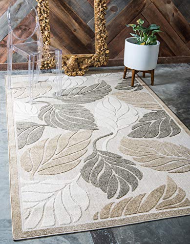 Unique Loom Outdoor Botanical Collection Warm Colors Leafs Transitional Indoor and Outdoor Flatweave Beige  Area Rug (9' 0 x 12' 0)