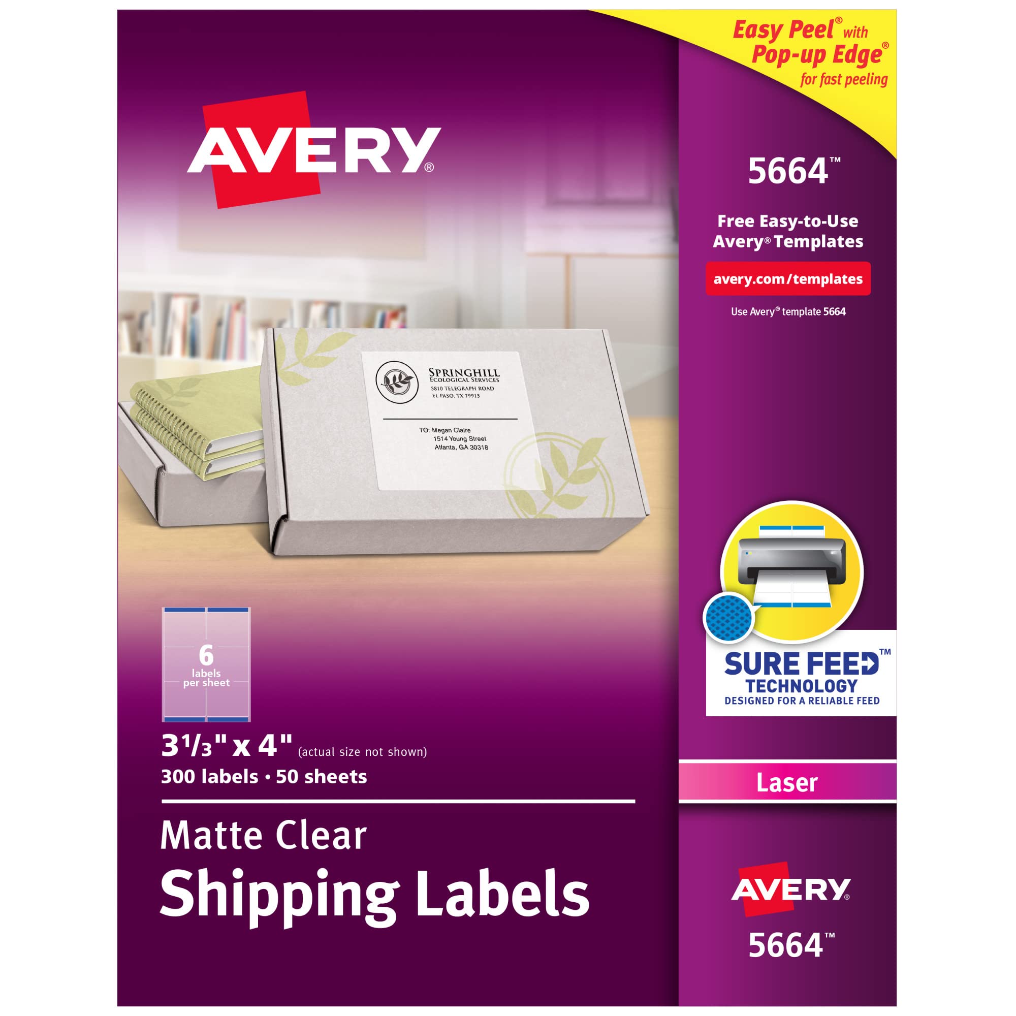 Avery Matte Frosted Clear Address Labels for Laser Printers, 3-1/3" x 4", 300 Labels (5664)