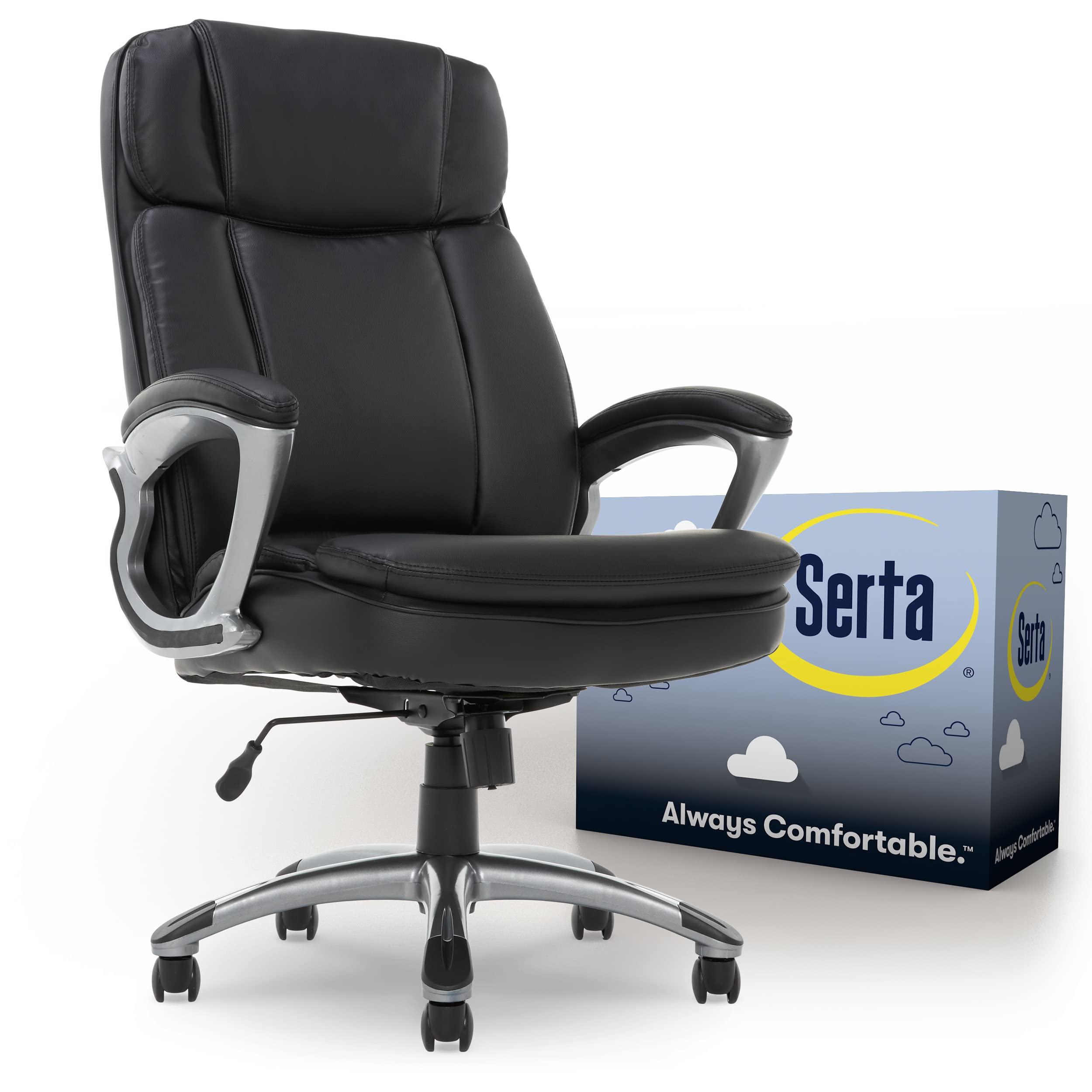 Serta Leather Big & Tall Executive Office Chair High Back All Day Comfort Ergonomic Lumbar Support, Bonded Leather