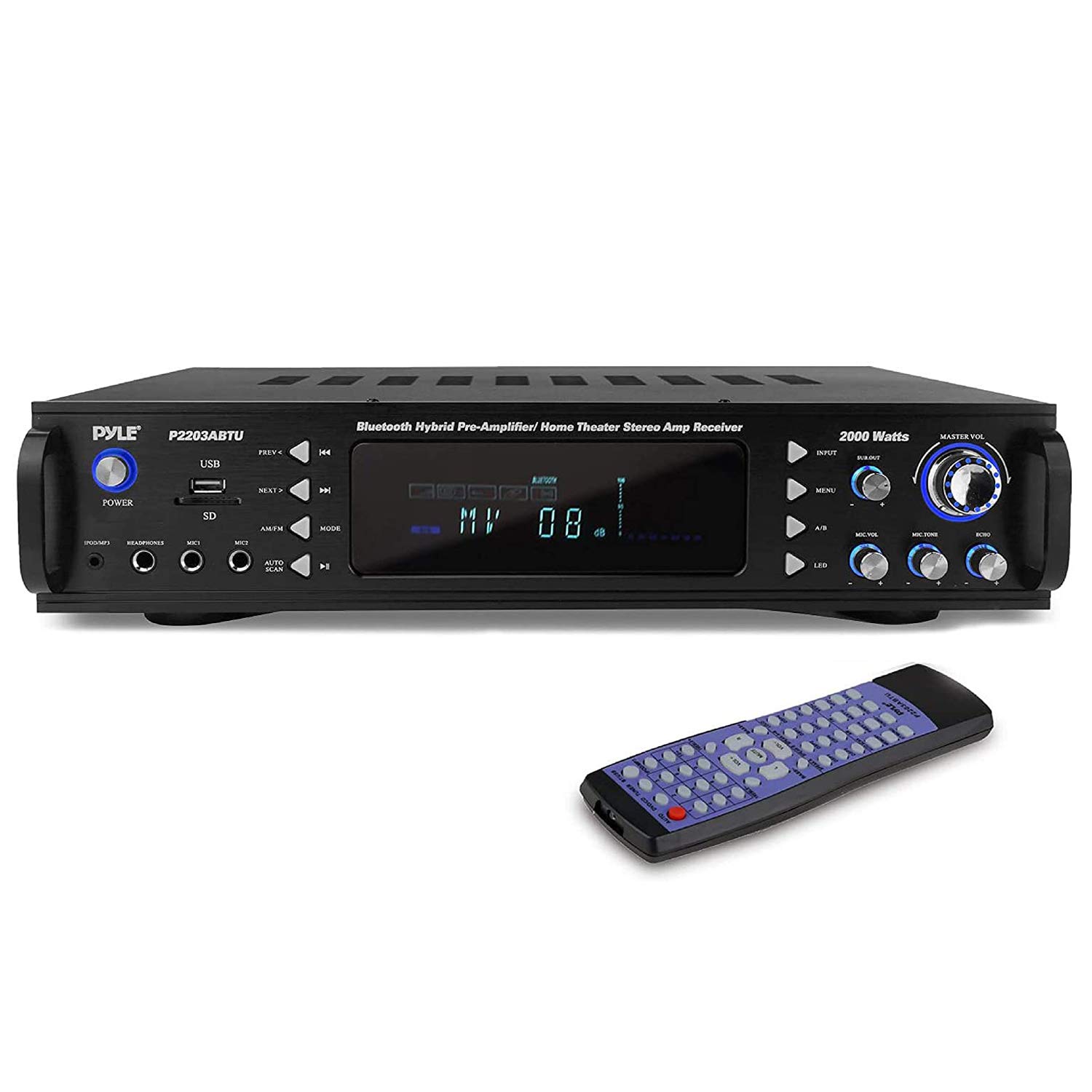 Pyle 4-Channel Bluetooth Home Power Amplifier - 2000 Watt Audio Stereo Receiver w/ Speaker Selector, AM FM Radio, USB/ SD Card Reader, Karaoke Microphone Input - Home Entertainment System