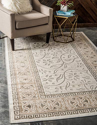 Unique Loom Outdoor Botanical Collection Carved Border Transitional Indoor and Outdoor Flatweave Cream  Area Rug (8' 0 x 10' 0)