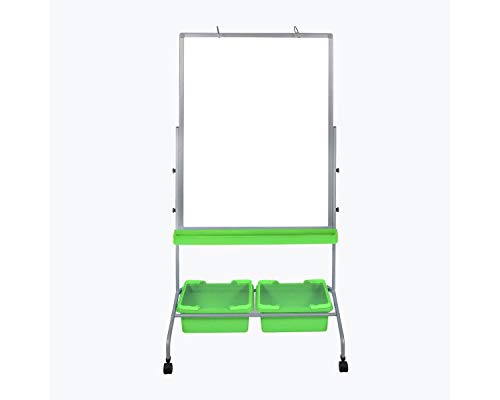 LUXOR Furniture Mobile School Classroom Double Sided Magnetic Whiteboard Chart Stand with 2 Storage Bins - Green, White,Green