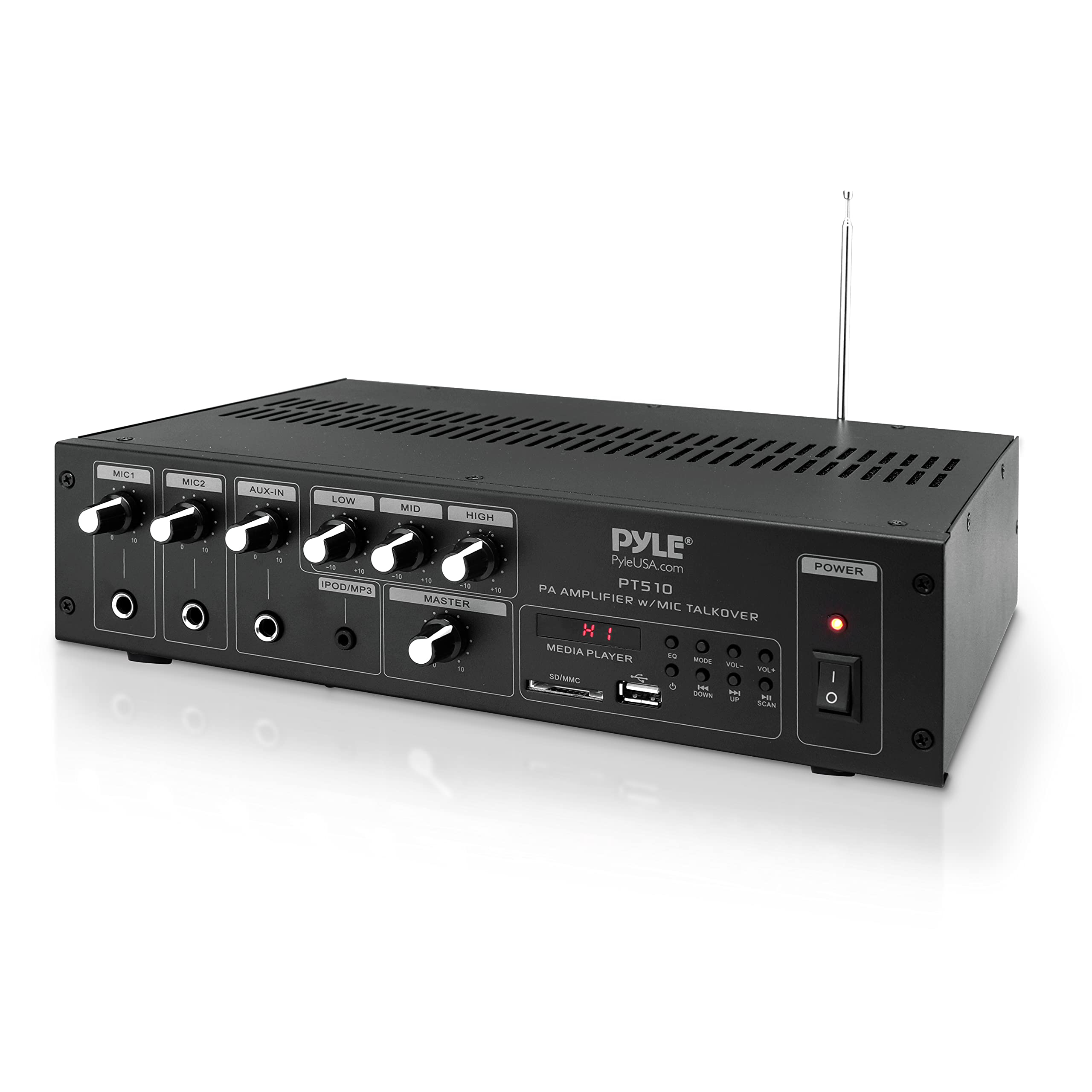 Pyle Home Audio Power Amplifier Mixer - 240W 5 Channel Sound Stereo Entertainment Receiver Box w/ FM Radio Antenna,USB,RCA, AUX,LED,2 MIC IN - For Speaker, Studio Theater, PA System Use -  PT510 BLACK