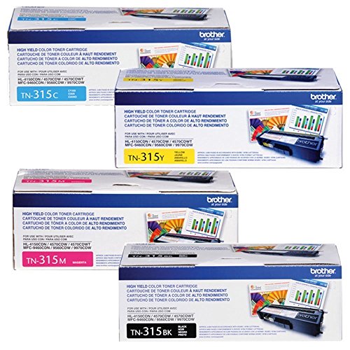 Brother Genuine TN315BK, TN315C, TN315M, TN315Y High Yield Color Laser Black, Cyan, Magenta and Yellow Toner Cartridge Set