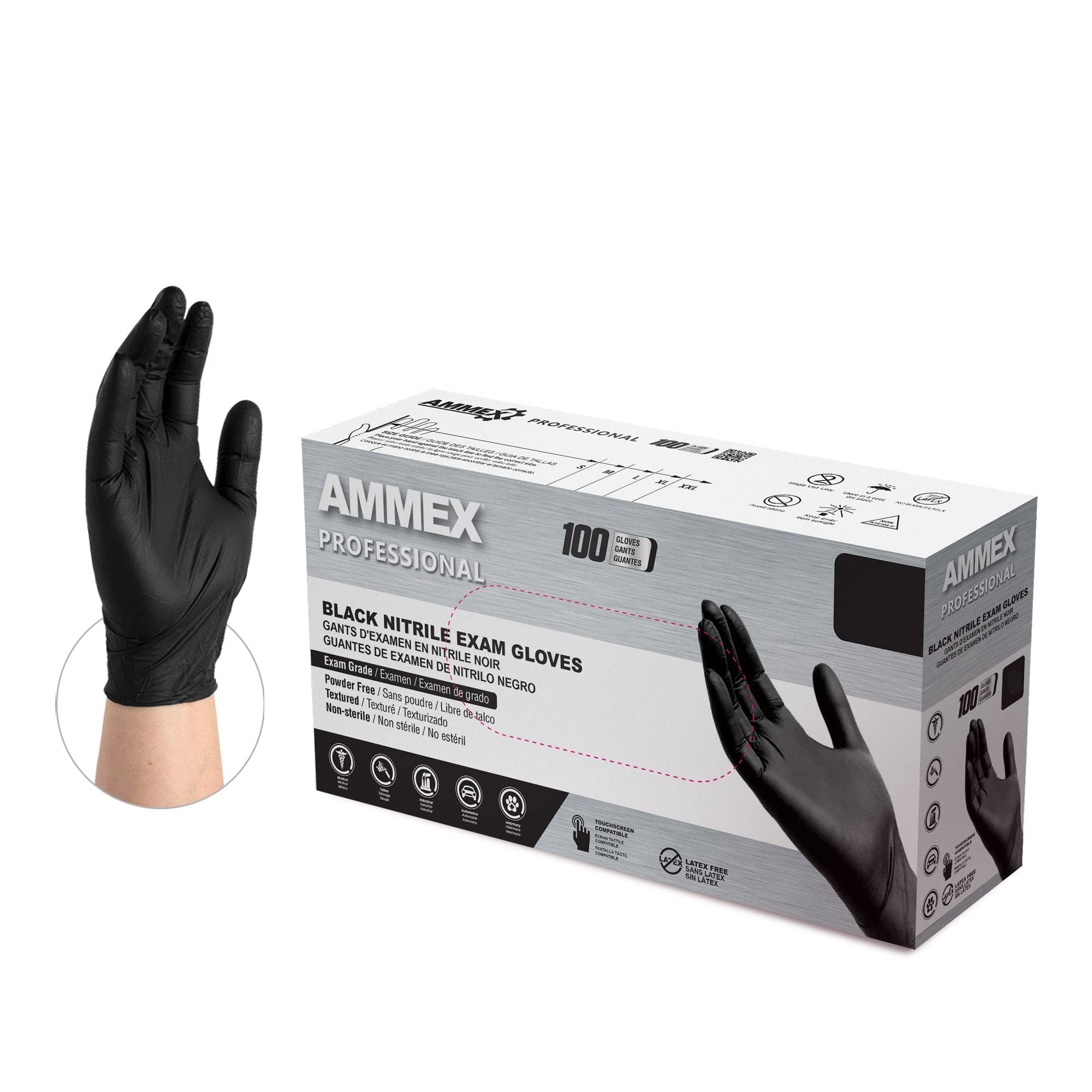 Ammex Black Medical/Exam Nitrile Disposable Gloves Late...