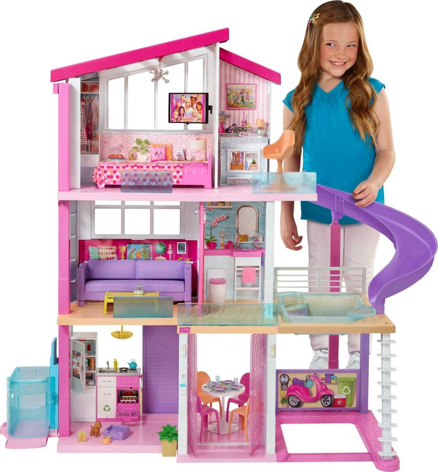 Barbie DreamHouse Dollhouse with 70+ Accessories, Working Elevator & Slide, Transforming Furniture, Lights & Sounds (Amazon Exclusive)