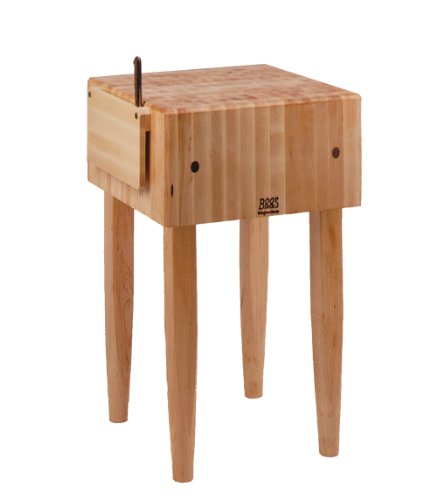 John Boos Block Maple Wood End Grain Solid Butcher Block Table with Side Knife Slot, 18 Inches x 18 Inches x 10 Inch Top, 34 Inches Tall, Natural Maple Legs