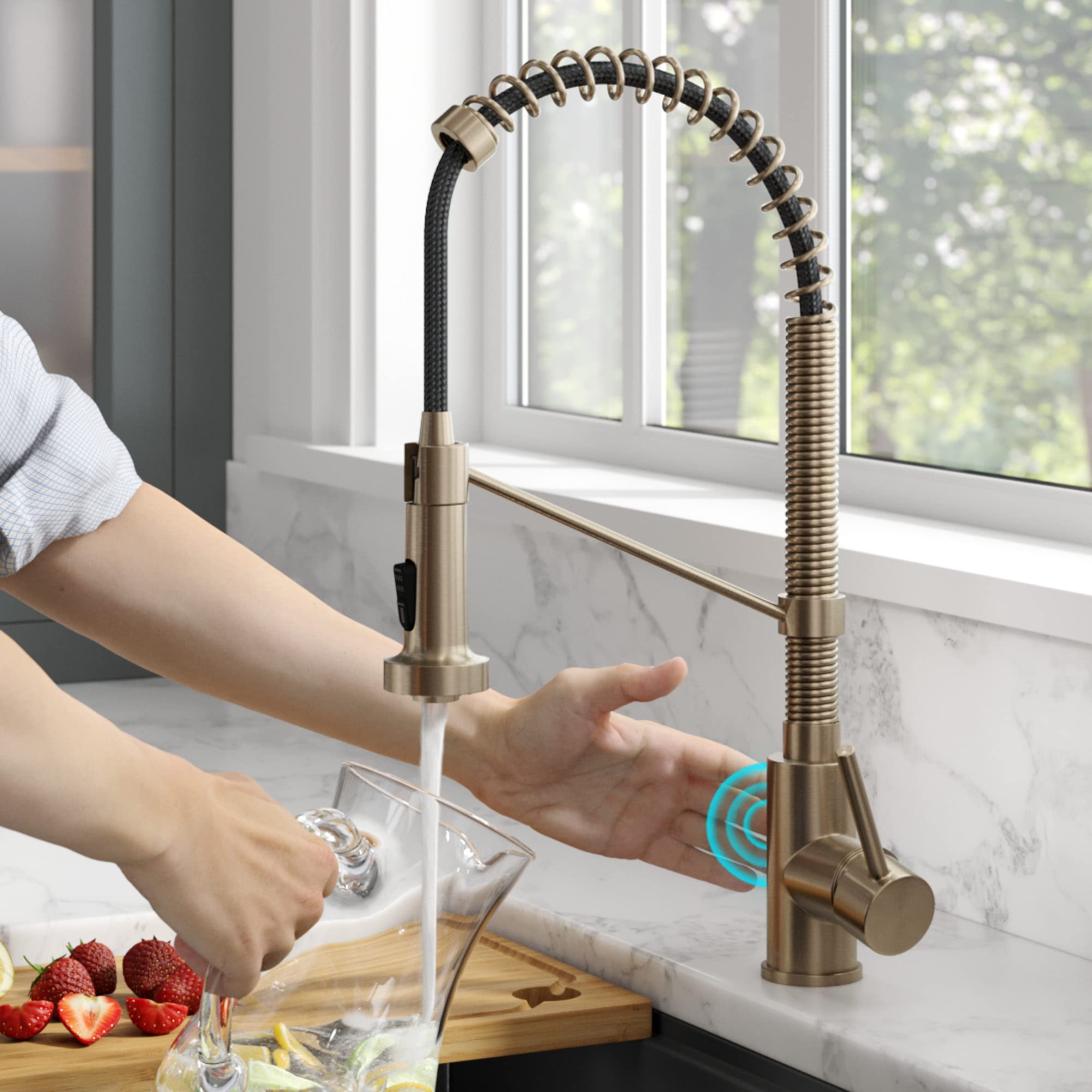Kraus Bolden Touchless Sensor Commercial Pull-Down Single Handle 18-Inch Kitchen Faucet in Spot Free Antique Champagne Bronze, KSF-1610SFACB
