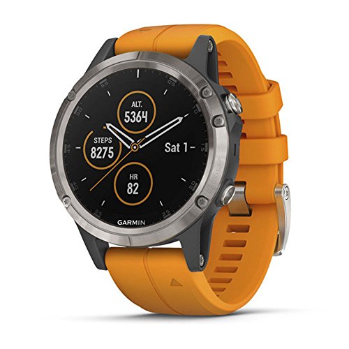 Garmin fenix 5 Plus, Premium Multisport GPS Smartwatch, features Color Topo Maps, Heart Rate Monitoring, Music and Pay, Titanium with Orange Band
