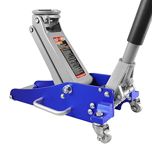 BIG RED T815016L  Hydraulic Low Profile Aluminum and Steel Racing Floor Jack with Dual Piston Quick Lift Pump, 1.5 Ton (3,000 lb) Capacity, Blue