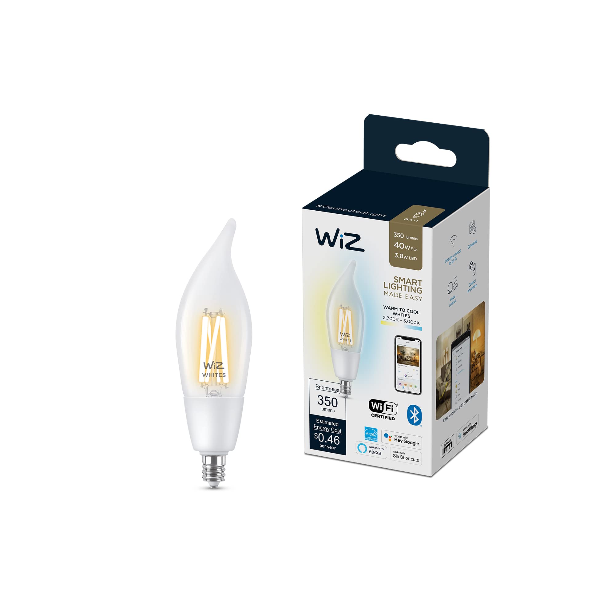 Wiz Connected Color B12 Smart WiFi Light Bulb with E26 Cap, 2200K - 6500K + RGB, 16 Million Colors, Smart Control App