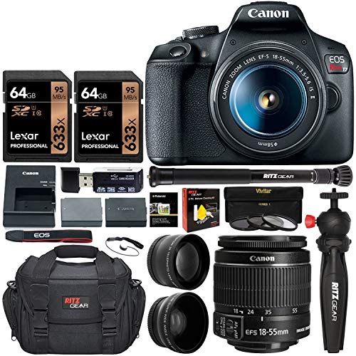  cannon Canon EOS Rebel T7 DSLR Travel Bundle with 58mm 2X Telephoto, Wide Angle Lens + Two Lexar 633x 64GB Video Memory Cards + Compact Monopod + Table Tripod+ Filter Kit + Extra Battery + Padded Camera...
