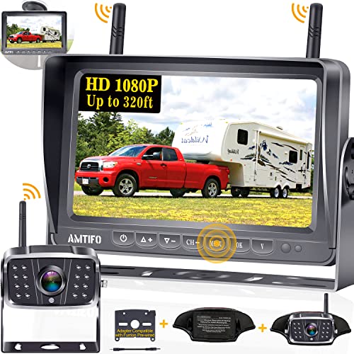 AMTIFO RV Backup Camera Wireless HD 1080P 7'' Split Screen DVR Monitor Bluetooth Trailer Rear View Cam 4 Channel System Truck Camper Infrared Night Vision Adapter for Furrion Pre-Wired RVs  A8