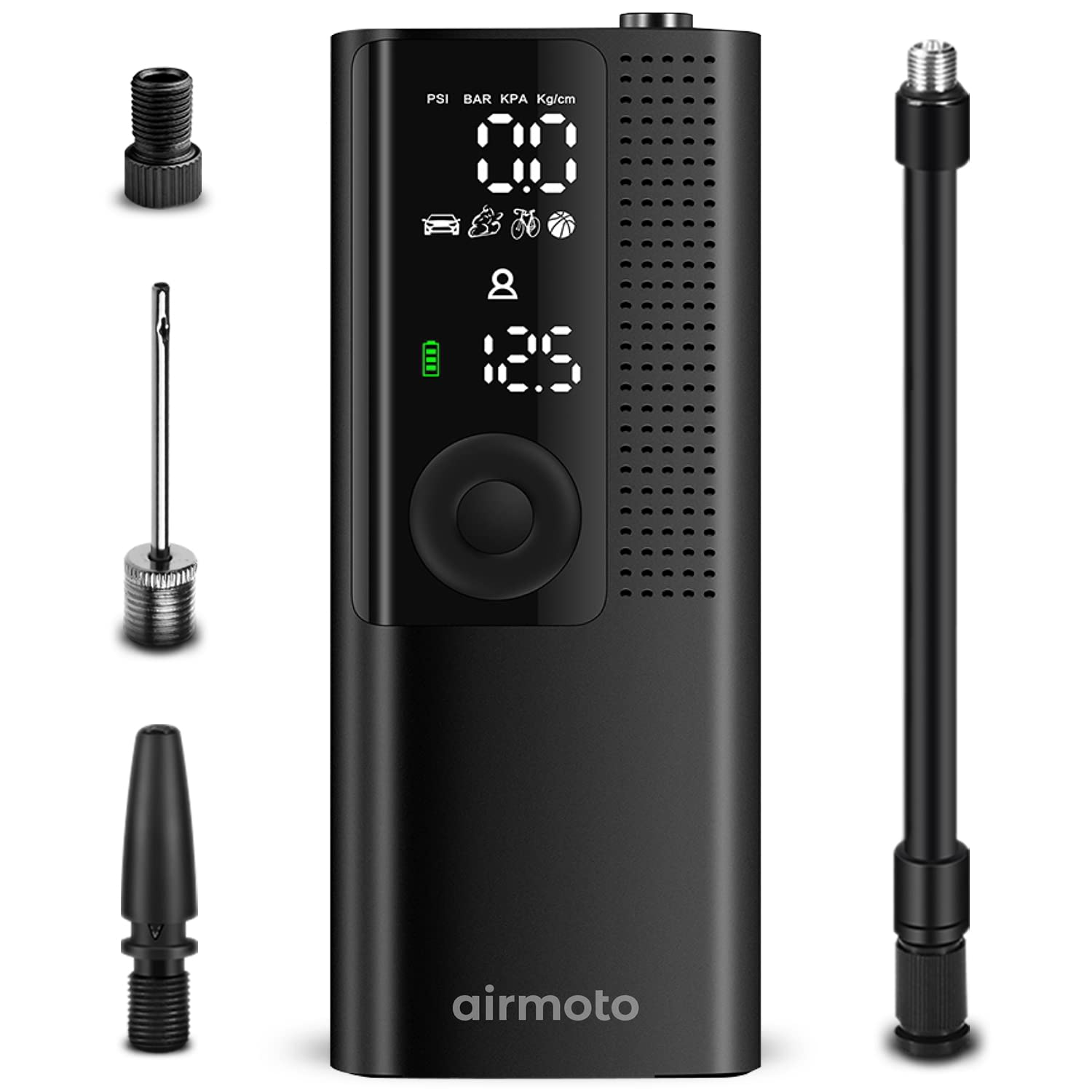 Airmoto Tire Inflator Portable Air Compressor - Air Pump for Car Tires w/Digital Tire Pressure Gauge - Air Compressor for Car (120 PSI) - Motorcycle, Electric Bike Pump and Bicycle Pump w/LED Light