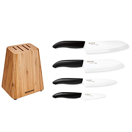 Kyocera Bamboo Knife Block Set: includes 4-slot Bamboo Block and 4  Advanced Ceramic Knives-FK-Black Handle/White Blade