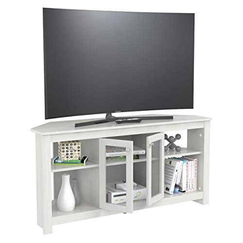 Inval Corner TV Stand with Glass Doors, Washed Oak