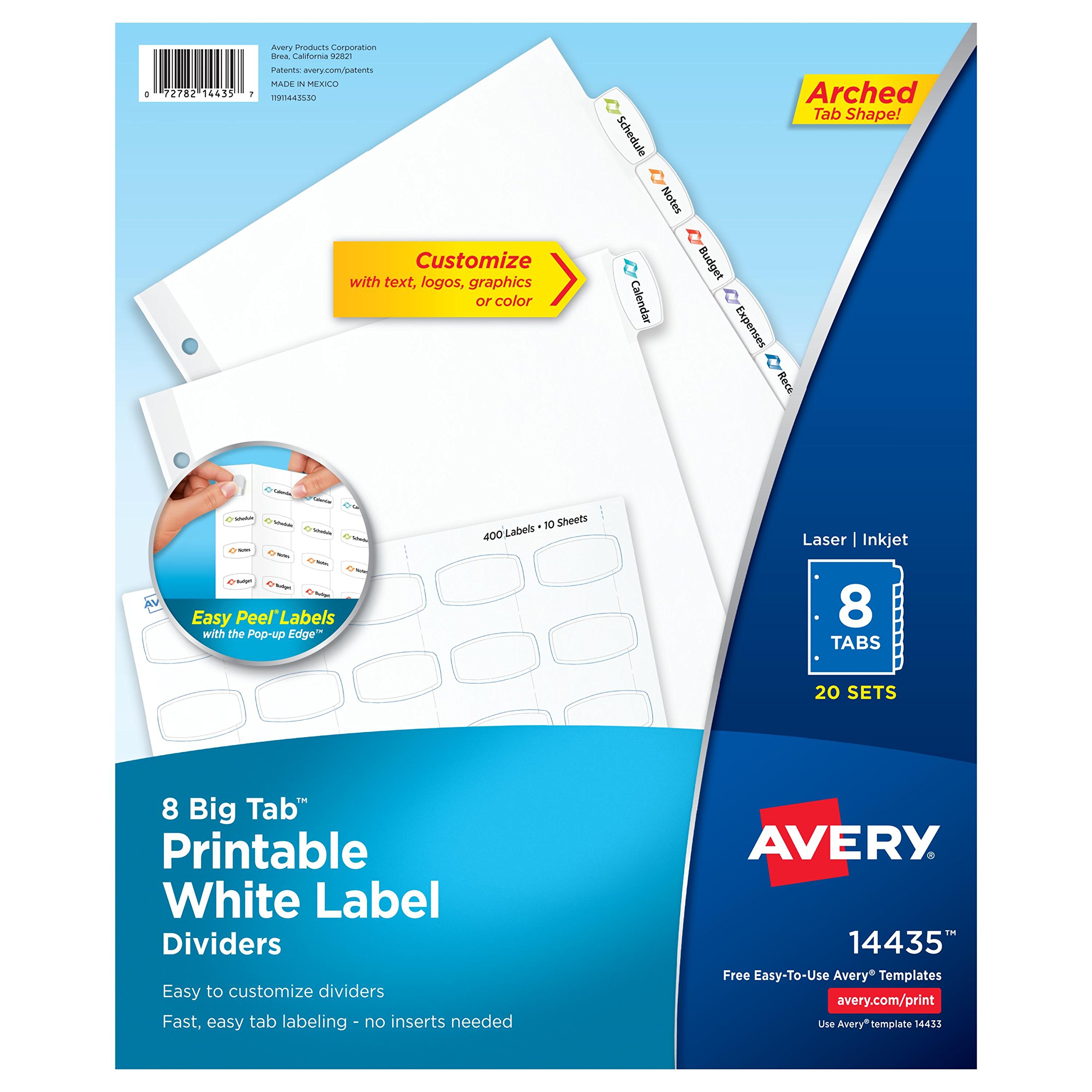 Avery Big Tab Printable White Label Dividers with Easy Peel, 8 Tabs, 20 Sets (14435)