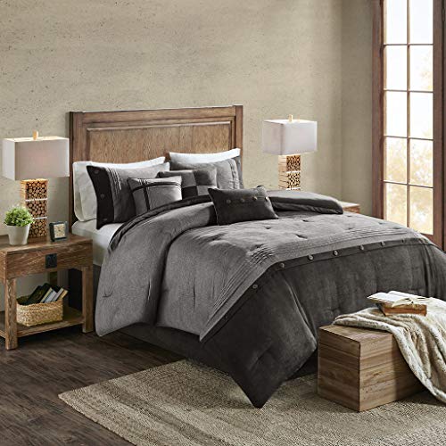 Madison Park Boone 7 Piece Faux Suede Comforter Embroidered Pillows, Bedskirt and Shams Cabin Style Soft Down Alternative Hypoallergenic All Season Bedding-Set, Cal King, Grey