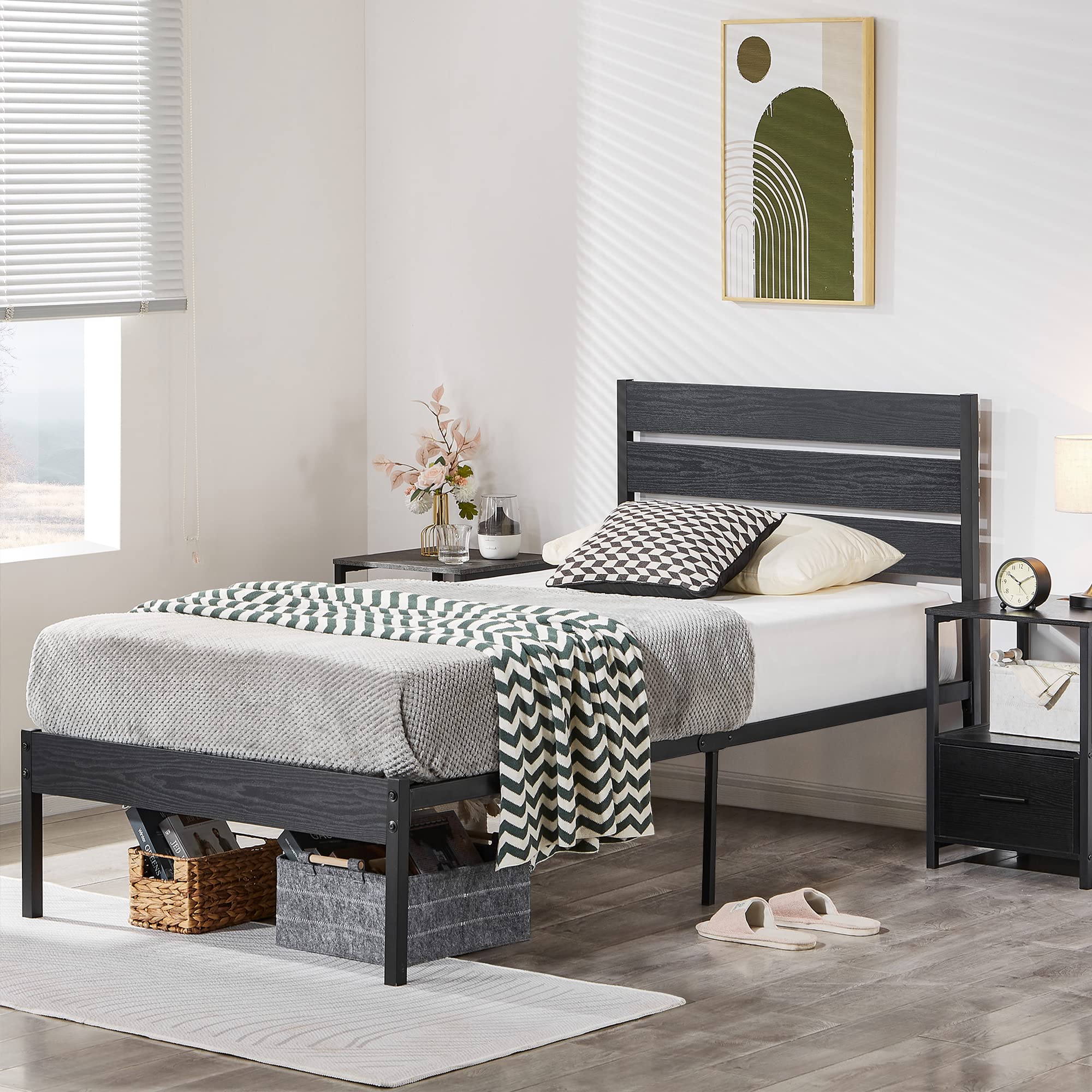 VECELO Platform Full Bed Frame with Rustic Vintage Wood Headboard and Footboard, Mattress Foundation, Strong Metal Slats Support