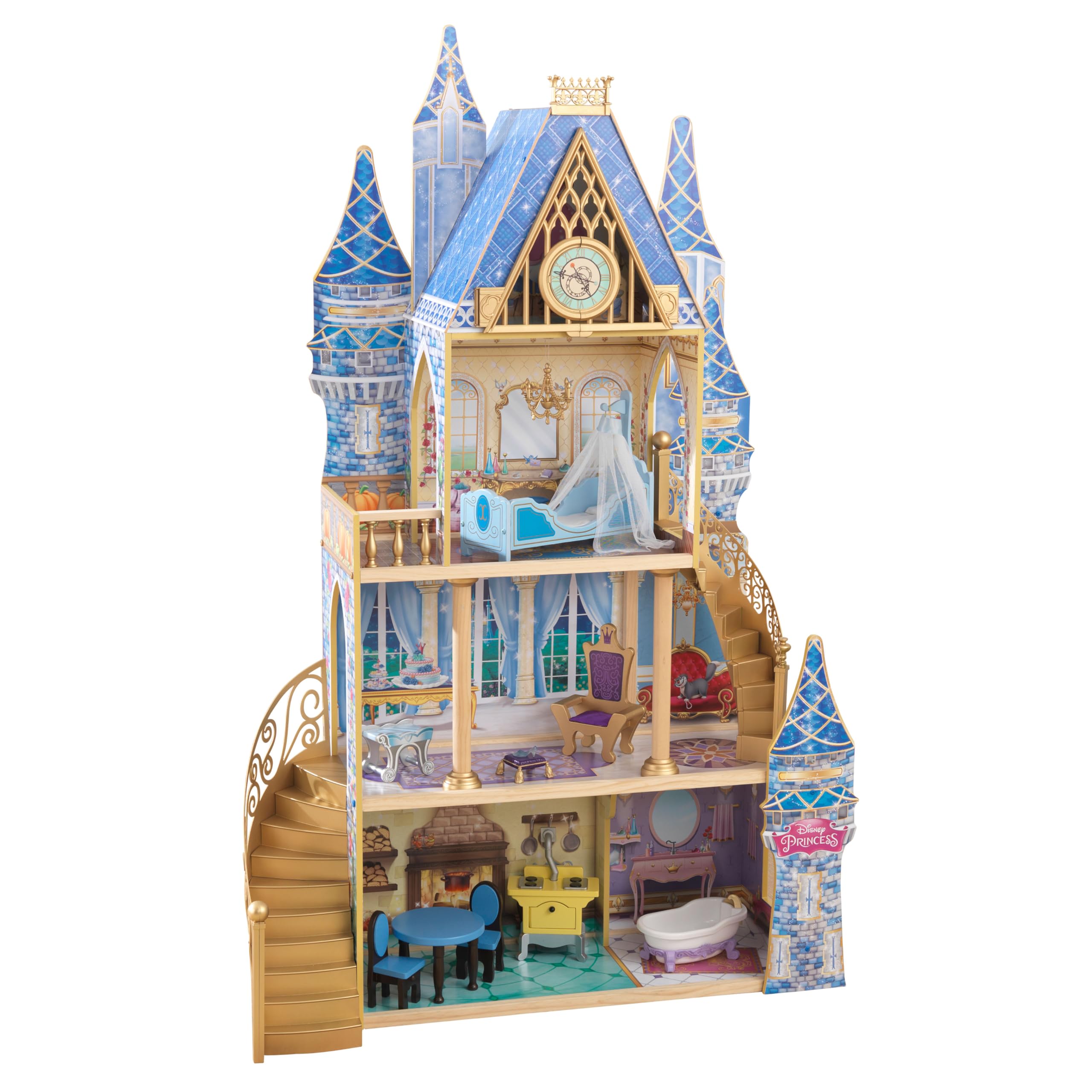 KidKraft Disney® Princess Cinderella Royal Dream Wooden Castle Dollhouse, Over 4 Feet Tall with 12 Pieces, Blue, Gift for Ages 3+