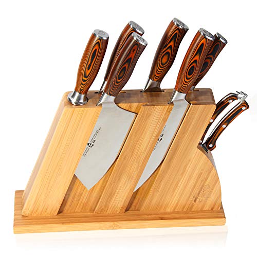 TUO Cutlery Knife Set with Wooden Block, Honing Steel and Shears - Forged HC German Steel X50CrMoV15 with Pakkawood Handle - Fiery Series 8pcs Knives Set TC0714