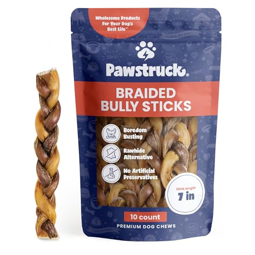 Pawstruck All-Natural 7” Braided Bully Sticks for Dogs - Tough Long Lasting, Rawhide Free, Low Odor Dental Chew Treat for Aggressive Chewers - Healthy Grain Free Single Ingredient - 10 Count