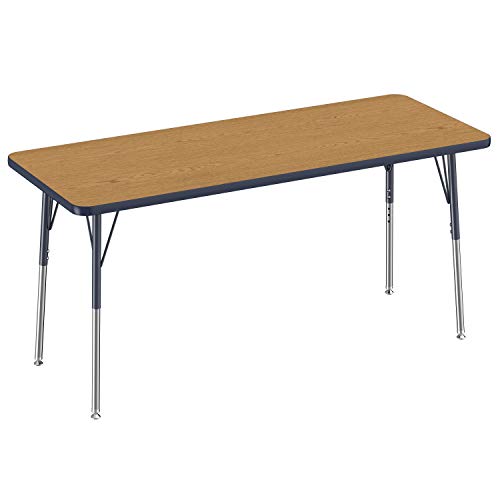 Factory Direct Partners FDP Rectangle Activity School and Office Table (24 x 60 inch), Standard Legs with Swivel Glides, Adjustable Height 19-30 inches - Oak Top and Navy Edge