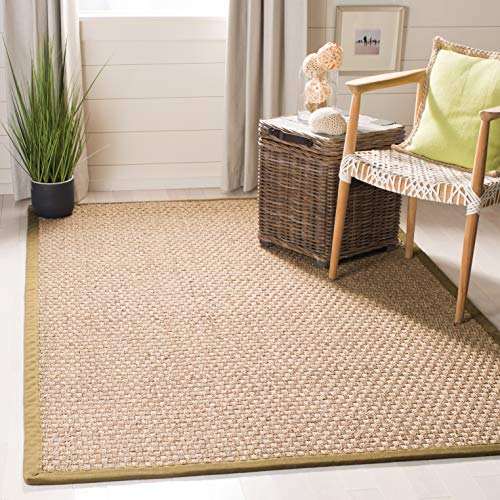 Safavieh Natural Fiber Collection NF114G Basketweave Natural and Olive Summer Seagrass Square Area Rug (8' Square)
