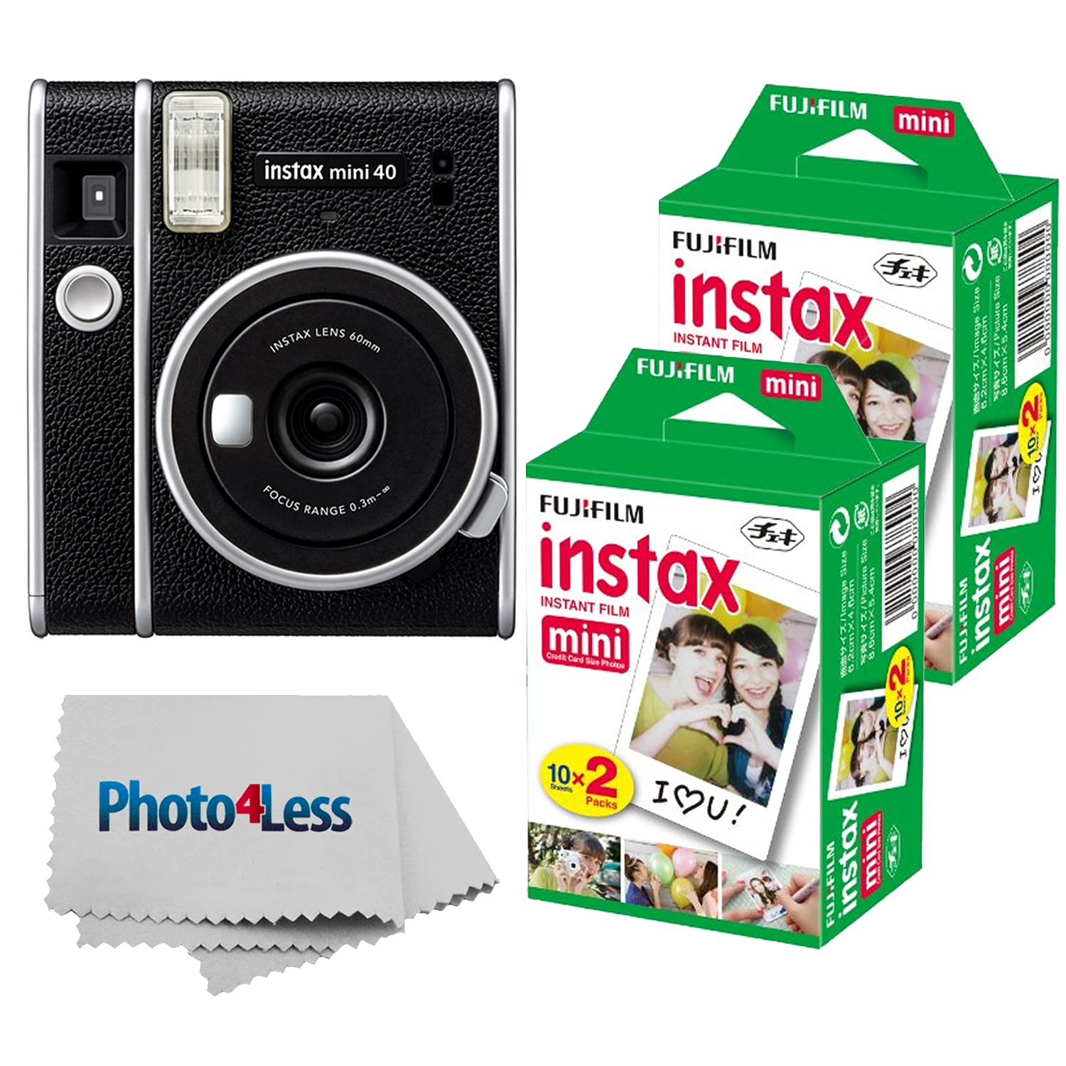 Fujifilm Instax Mini 40 Instant Camera Black+  Instax Mini Twin Pack Instant Film 2 Packs (Total 40 Sheets)- Instant Camera Great Value Bundle!