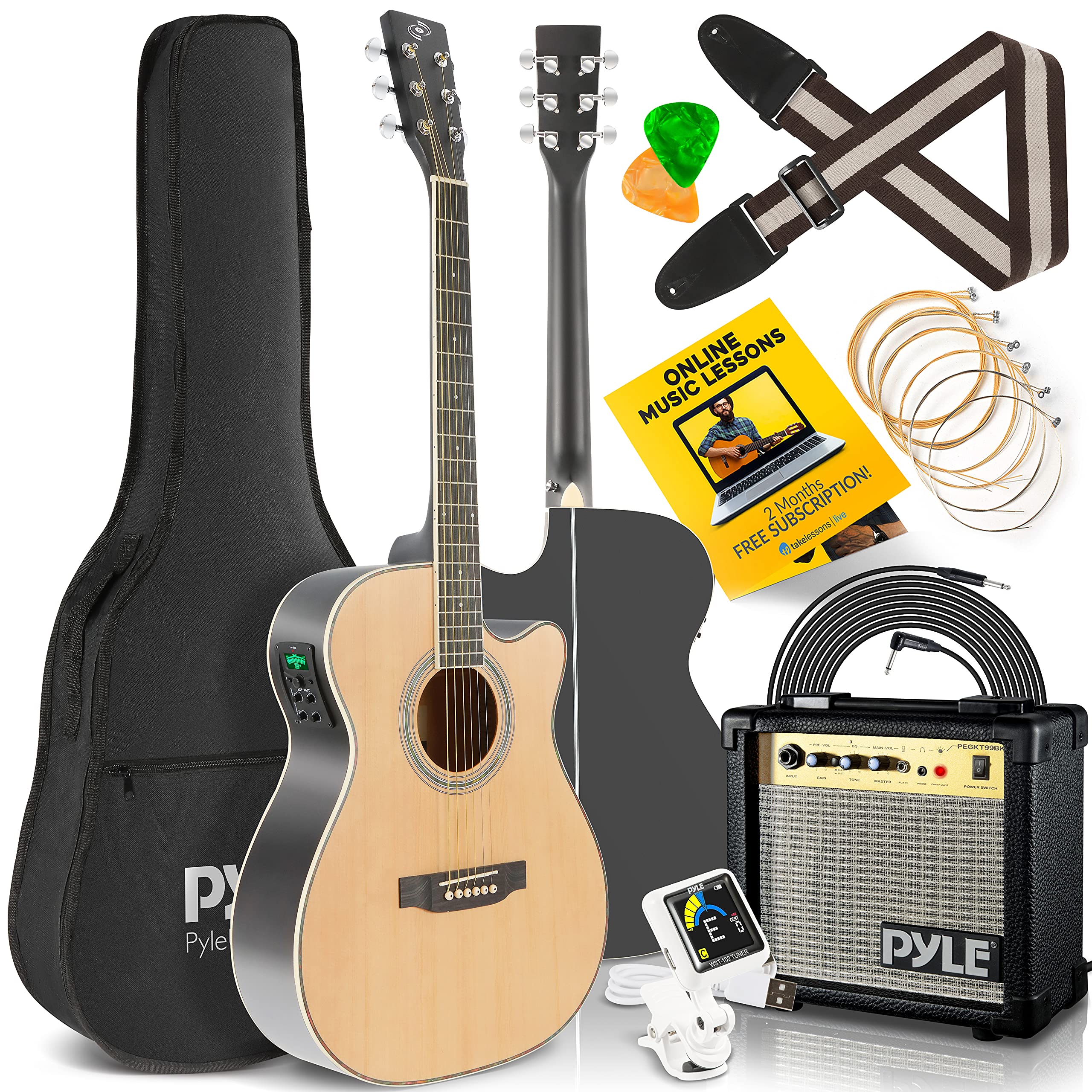 Pyle Acoustic Electric Cutaway Guitar and Amp Kit Full Scale 41” Steel String Spruce Wood w/Gig Bag, 4-Band EQ, Clip On and Onboard Tuner, Picks, Shoulder Strap for Beginners and Students