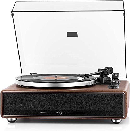 1 BY ONE Rock High Fidelity Belt Drive Turntable with Built-in Speakers, Vinyl Record Player with Magnetic Cartridge, Bluetooth Playback and Aux-in Functionality, Auto Off