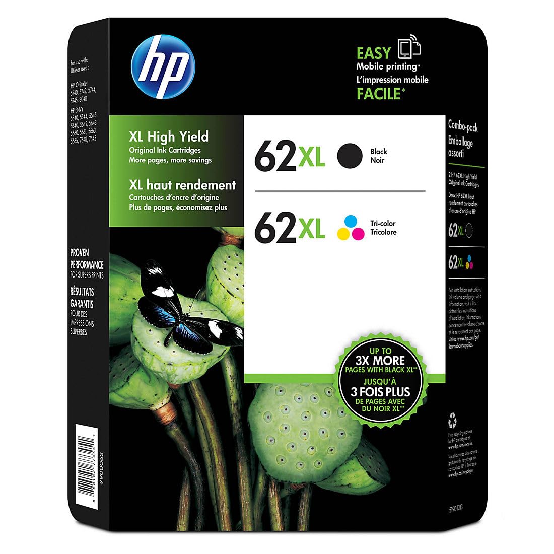 HP Genuine  62Xl High Yield Black and High Yield Tri-Color Jetdirect Print Cartridges