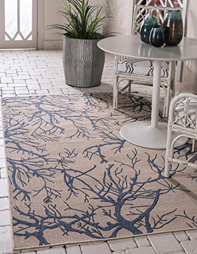Unique Loom Outdoor Botanical Collection Abstract Pictorial Transitional Indoor and Outdoor Flatweave Beige /Blue  Area Rug (9' 0 x 12' 0)