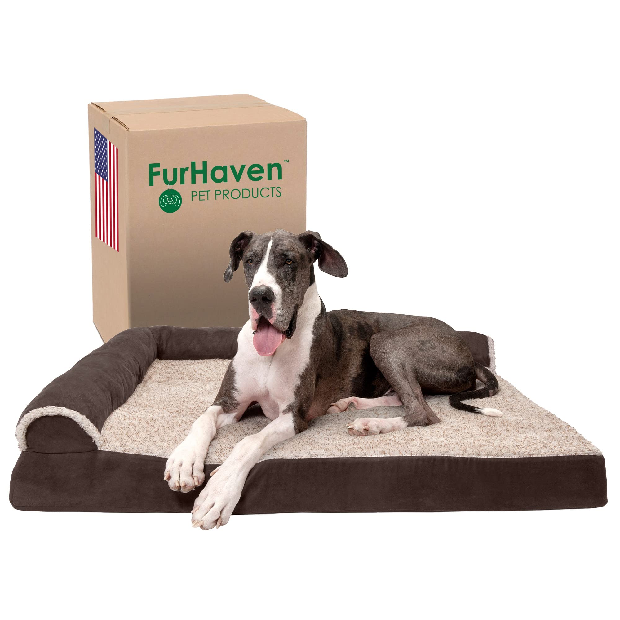 Furhaven Orthopedic Dog Bed for Large Dogs w/ Removable Bolsters & Washable Cover, For Dogs Up to 125 lbs - Two-Tone Plush Faux Fur & Suede L Shaped Chaise - Espresso, Jumbo Plus/XXL