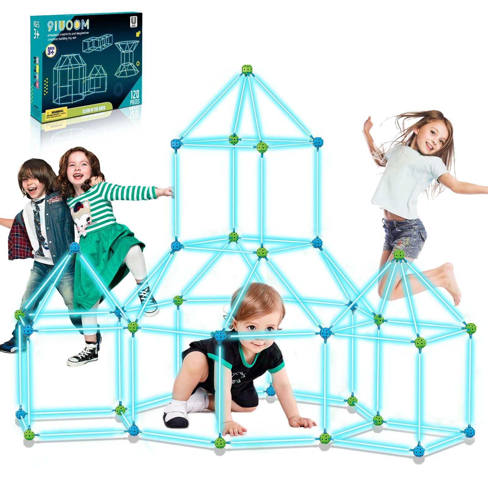 9IUoom Fort Building Kit for Kids 120 Pieces Glow in The Dark Air Forts Builder Gift Construction Toys for 3 4 5 6 7 8 9+ Years Old Boys Girls DIY Fun