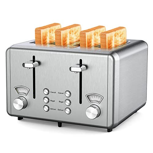 whall 4 Slice Toaster, Stainless Steel,Toaster-6 Bread Shade Settings,Bagel/Defrost/Cancel Function with Dual Control Panels,Extra Wide Slots,Removable Crumb Tray,for Various Bread Types 1500W