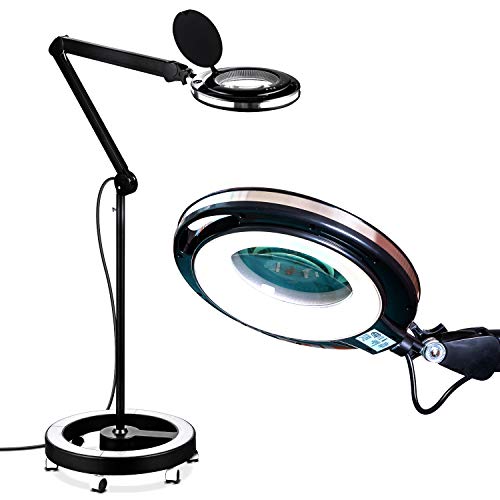 Brightech LightView Pro LED Magnifying Glass Floor Lamp - 6 Wheel Rolling Base - Black