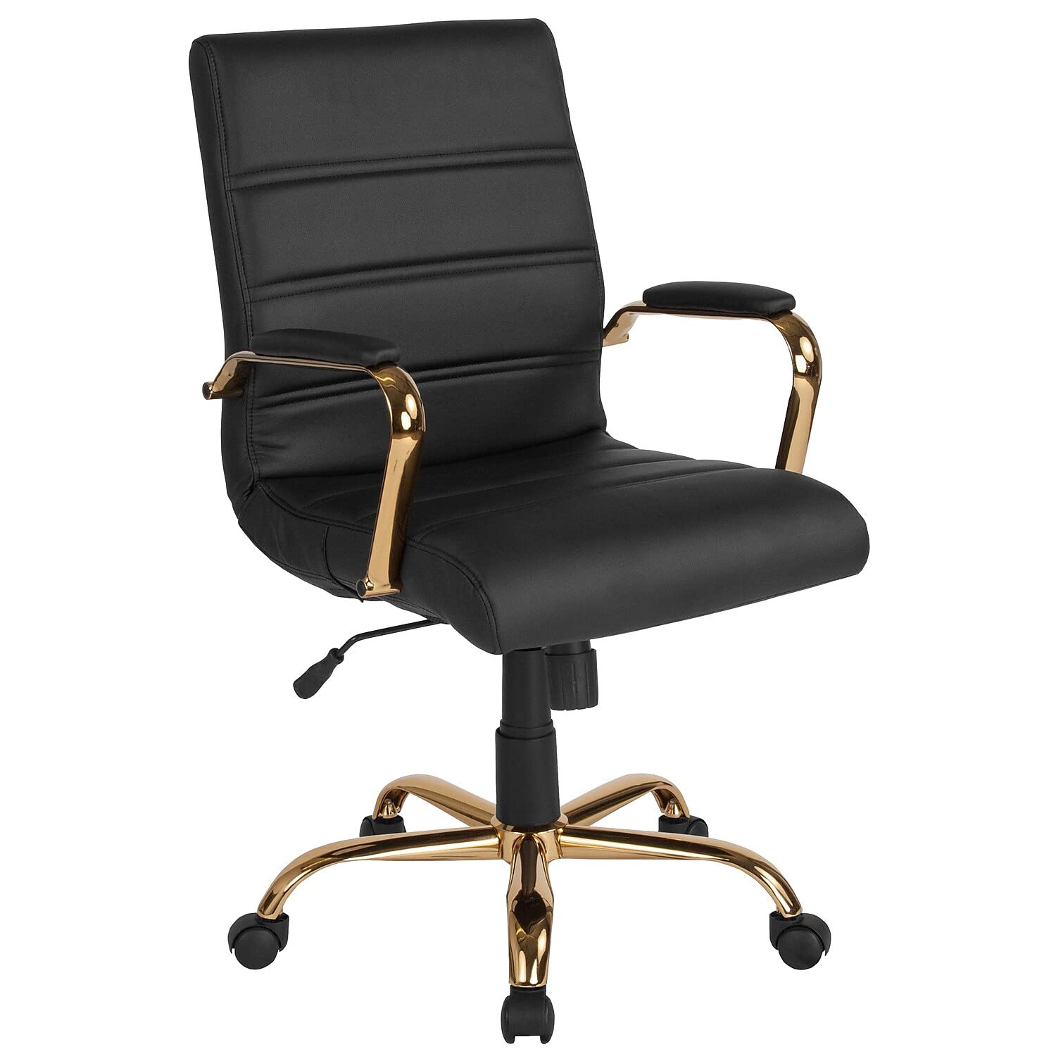 Flash Furniture Mid-Back Desk Chair - Black LeatherSoft Executive Swivel Office Chair with Gold Frame - Swivel Arm Chair