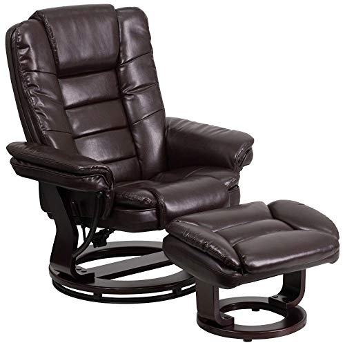 Flash Furniture Contemporary Multi-Position Recliner with Horizontal Stitching and Ottoman with Swivel Mahogany Wood Base in Brown Leather
