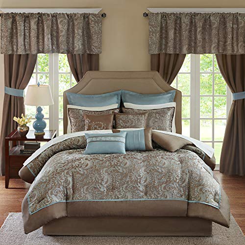 Madison Park Brystol 24 Piece Room in a Bag Faux Silk Comforter Jacquard Paisley Design Matching Curtains - Down Alternative Hypoallergenic All Season Bedding-Set, California King, Blue