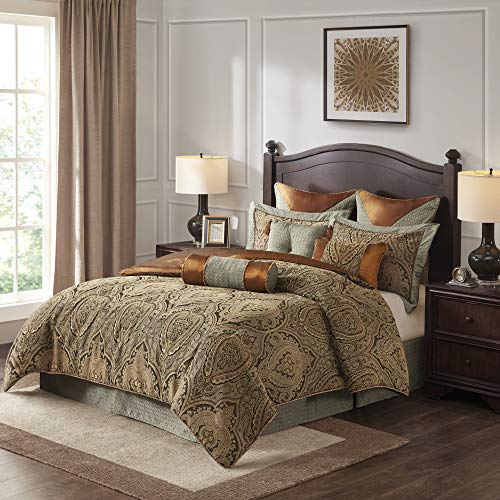Hampton Hill Canovia Springs King Size Bed Comforter Duvet 2-In-1 Set Bed In A Bag - Teal, Brown , Jacquard Medallion Damask ...